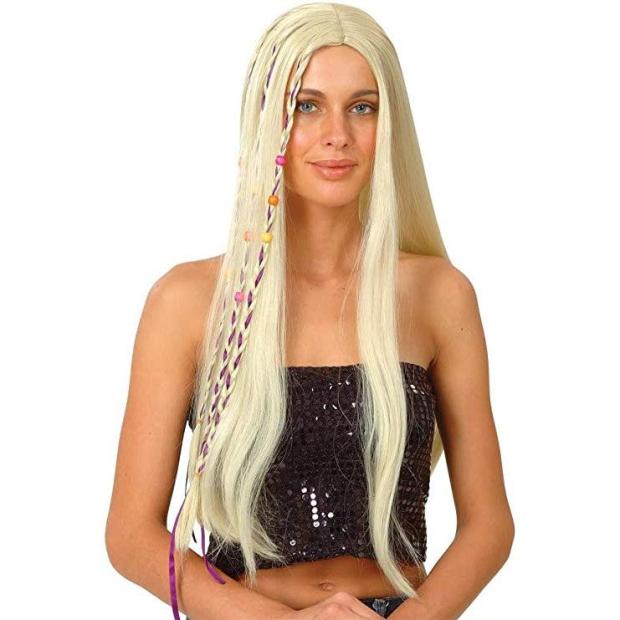 Adult Women’s 60s 70s Groovy Hippie Hippy Wig – Blonde with Pink Braids  |   Hippie FANCY DRESS Hippie