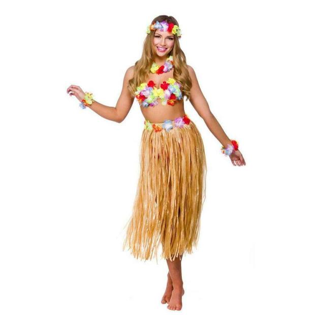 Hawaiian Party Girl 5 Piece Set Summer Festival Party Outfit Skirt, Bra & Leis  |   Hawaiian FANCY DRESS Hawaiian