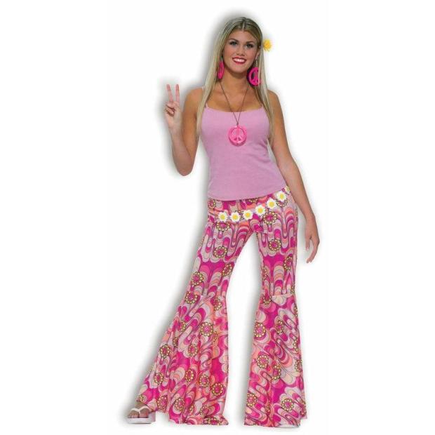 Ladies 60s 70s Hippy Flower Power Bell Bottom Flares Fancy Dress Costume  |   Hippie FANCY DRESS Hippie