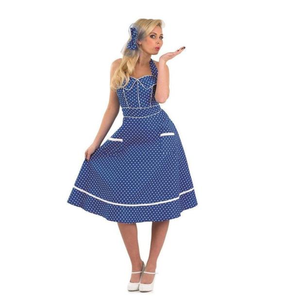 Ladies Blue Polkadot 1950s Vintage Day Fancy Dress Costume Rock N Roll Outfit  |   Historical FANCY DRESS Historical