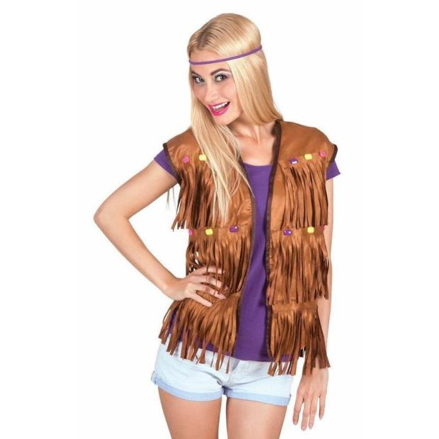 Ladies Brown Hippie Fringed Cowboy Vest Hippy 60s Fancy Dress Costume  |   Hippie FANCY DRESS Hippie